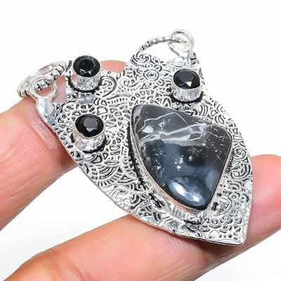 Pendente In Argento Sterling 925 Con Dendrite Opale E Spinello Nero 2.25" - Immagine 1 di 4