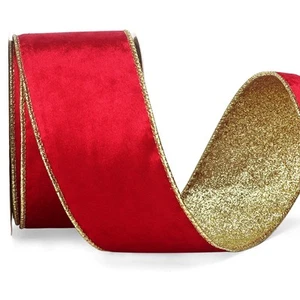 Red Velvet Wired Ribbon 2.5 Inch Red Velvet with Gold Glitter Christmas Ribbo... - Picture 1 of 4