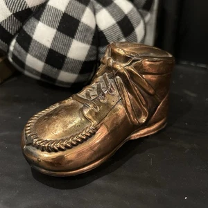 Vintage Baby Shoe Bank, Copper Cast USA Metal Stopper, Baby Shower Gift - Picture 1 of 7