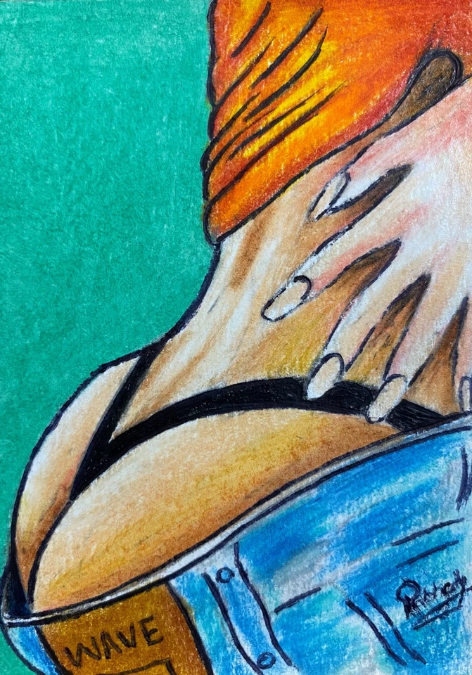 ACEO Colored Pencil Drawing Sexy Woman Female Back Denim Jeans Figurative Art - Image 1 of 2