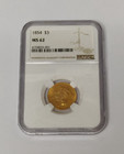 1854 $3 THREE DOLLAR GOLD COIN NGC MS 62