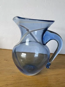 Vintage Hand Blown Glass Jug  Pitcher Blue W/White Swirl 32 Oz Rough Pontil - Picture 1 of 13