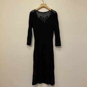 Lauren Ralph Lauren Midi Dress Sz Large Black Linen Cotton Crochet Unlined - Picture 1 of 11