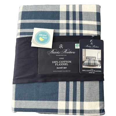 3 pc Brooks Bros KING Duvet & 2 King Shams Blues/White Plaid Cotton Flannel New - Image 1 of 4