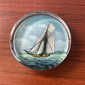 Vintage Glass Paperweight with Backing SAILBOAT Schooner Ship Sailing Seas 3 in - Picture 1 of 5