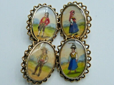 Antike Manschettenknöpfe Silber vergoldet Hinterglasmalerei 19. Jhdt. Selten!  - Bild 1 von 4