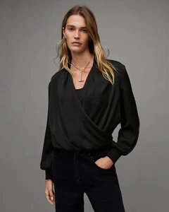 Blusa ALLSAINTS Abi Negra Seda Crepé Gasa Drapeada Frontal Manga Larga, Talla 8 - Imagen 1 de 13