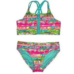 Breaking Waves Girls Multicolor Metallic Flora Bikini Set Size Girls 16 - Picture 1 of 14