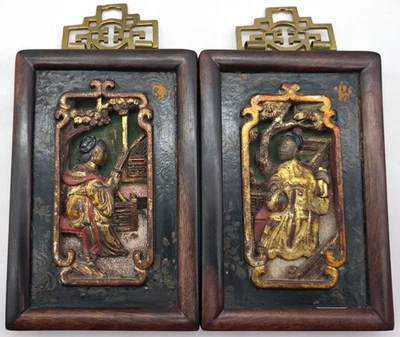 2 paneles de pared/placas antiguas chinas talladas de madera para hombre y mujer sello de cera video Foto 1 de 4