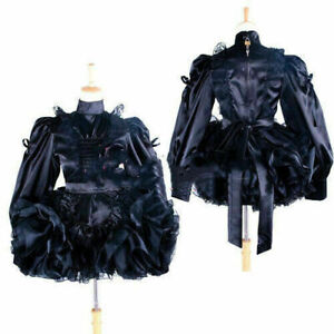Sissy Maid Lockable Uniform Black Satin-lace Dress Cosplay Costume 