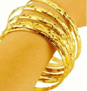 2Pcs 18k Gold Womens Slip On Italian Cut Filled Over Silver Bangles Bracelets - Picture 1 of 8