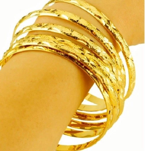 2 PC Set 18k Yellow Gold Womens Slip on Italian Cut Bangle Bracelet D416-8