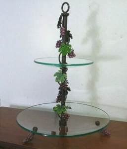 Vintage 2 Ebenen Leckerbissen Tablett Servierglas mit Tole Trauben Dessert Ständer Kuchenplatte  - Bild 1 von 5