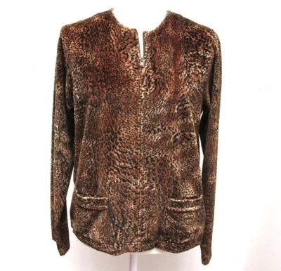 Jaqueta cardigã de veludo com zíper estampa de animais vintage Jones New York feminina tamanho P - Imagem 1 de 4
