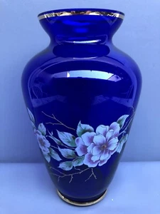 Vintage  Bohemian  Cobalt Blue Glass Vase with Hand Painted Flowers - Picture 1 of 7