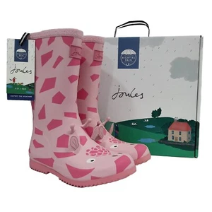 💖Joules Girls Rain Boots Pink Giraffe Big Kids Size 2 Rubber Welly Wellingtons - Picture 1 of 3