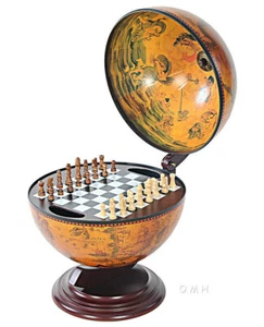 Chess Board Set w/ Pieces Hidden in Nautical Table Top Old World Wood 13" Globe - Picture 1 of 12