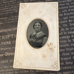 Vtg matted tintype lady with zigzag dress - Picture 1 of 2