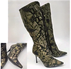 Botas hasta la rodilla Caliente talla 7 17" negras doradas verdes geométricas 4" tacón de aguja - Imagen 1 de 21