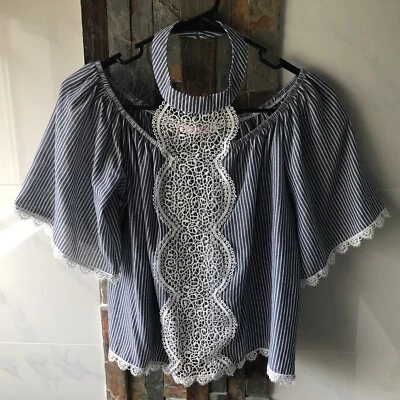 Pink Fly Women’s Blue/White Striped Lace Top Loose Blouse Sz S GDW - Image 1 of 4