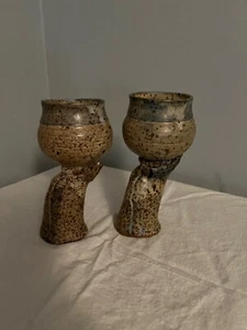 Hand Made Signed Studio Pottery Candle Holders Pair Great Texture, Color, Glaze - Picture 1 of 7