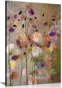 Purple, White & Yellow Painterly Flowers Framed Canvas Print Wall Art Home Decor - Picture 1 of 6