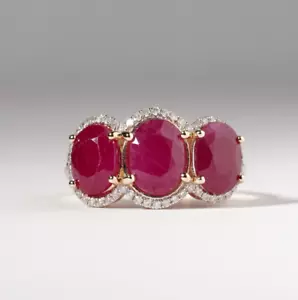 Vintage Style Natural Pink Ruby Diamond Oval Trilogy Ring 10ct Gold Size O US 7 - Picture 1 of 11