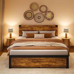 Full/Queen/King Size Bed Frame Platform with Adjustable Wood Headboard - Picture 1 of 12