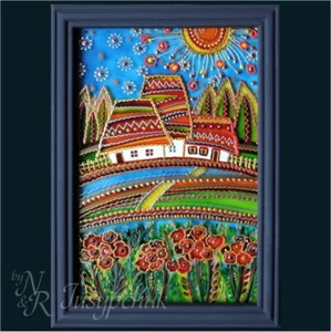 Pintura popular tradicional ucraniana sobre vidrio hecha a mano decoración de pared enmarcada 14x20 cm - Imagen 1 de 4
