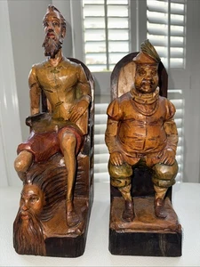 Vintage Hand Carved Wooden Large Don Quixote & Sancho Panza Sculpture Bookends - Picture 1 of 2