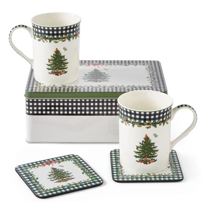 Christmas Tree 5-Piece Mug & Tin Set – Fine China Mugs & Cork Coasters, Holid... - Image 1 of 4