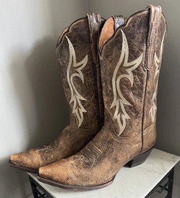 DAN POST Women’s REIGN Cowgirl WHITE Stitching BROWN Leather BOOTS 10M #DP3711 - Image 1 of 4