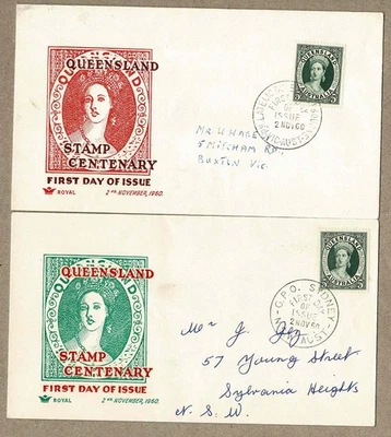 Australia 1960 Royal Queensland Stamp Centenary FDC Cover x2 Colours - image 1 of 2