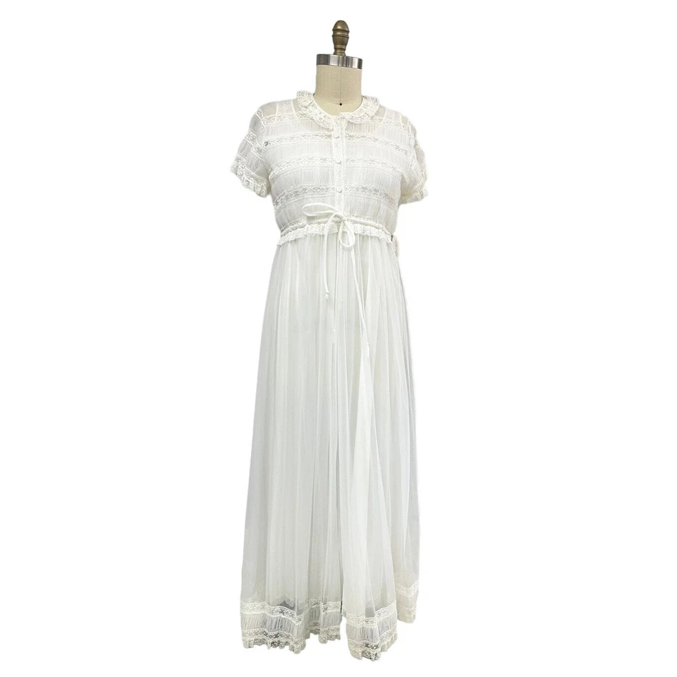 60s VTG NOS Miss Elaine Pure White Lacy Peignoir Sheer Nylon  Sz L Union made - Image 1 of 4