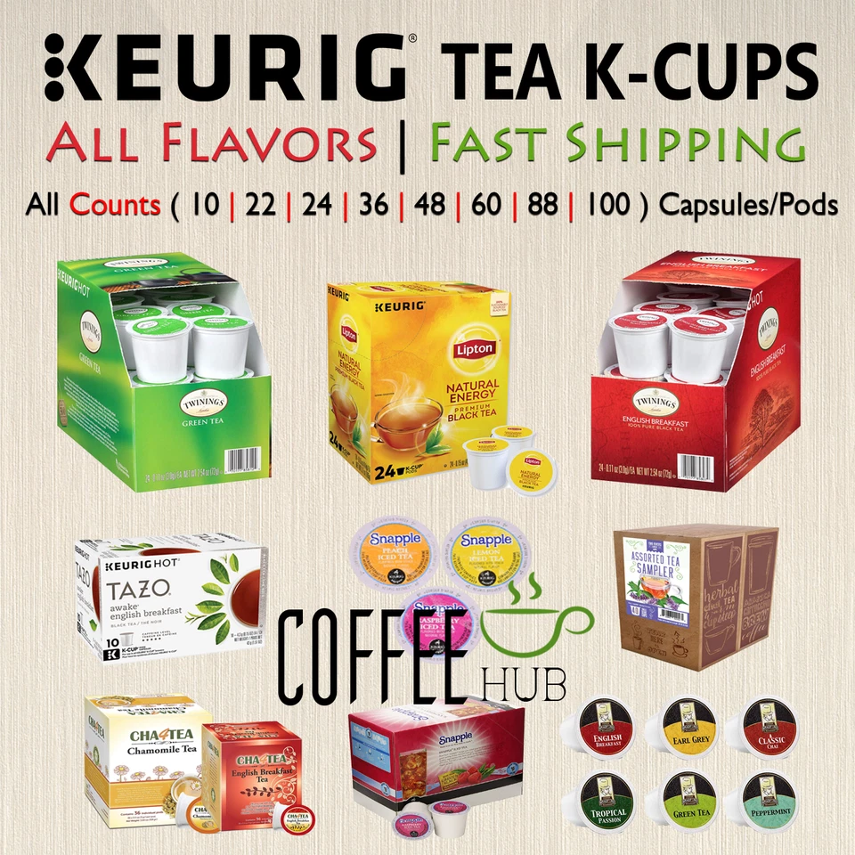 Té K-Cups Vainas 10/24/36/48/60/88/100 Cápsulas Keurig Lote Todos los Sabores Foto 1 de 1
