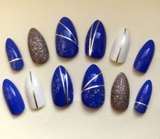 Painted False Nails STILETTO (or any shape) Blue White Silver Stripe. NEW DESIGN