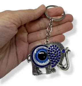 Elephant Evil Eye Keychain - 20g Silver Tone, Blue Evil Eye Protection Charm - Picture 1 of 12
