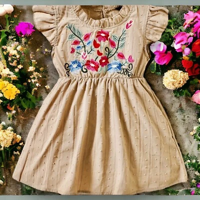 Vestido Delantal Niñas 5-6Y Algodón Peplum Bordado Caqui Tawny Verano Foto 1 de 4