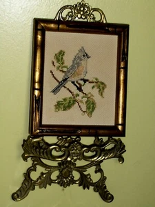 Bel regalo: crewel albero uccellino giallo grigio LANA PUNTA AGO fatto a mano VINTAGE - Foto 1 di 9