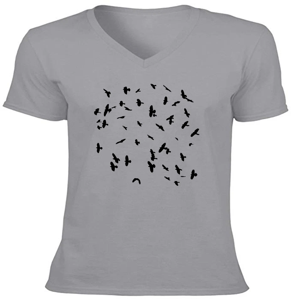Hermosa Camiseta Gráfica Amantes del Cuervo Silueta Pájaros Voladores Cuello en V Foto 1 de 4