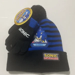 SONIC the HEDGEHOG SEGA Hat & Gloves Set Winter Pom Beanie NEW - Picture 1 of 3