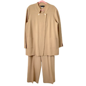 St. John Pant Suit Womens Size 16 Tan Wool Knit Jacket Straight Leg 2 Piece Set