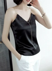 Women's Elegant V-Neck Spaghetti TankTop Sleeveless Cami Top with Metal Necklace - Picture 1 of 11