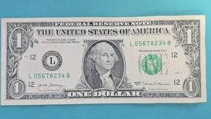 One Dollar Bill 2017 Fancy Serial Number L05678234 - Nice poker hand! Nice shape - Picture 1 of 6