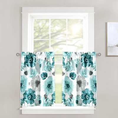 Leah Light Filtering Window Curtain Tiers 36 x 29 Floral Print Pair - Image 1 of 4