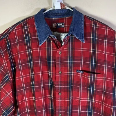 Vtg 90's Chaps Ralph Lauren  Plaid Shirt Men's 2XL Denim Collar Red Blue - Image 1 of 4