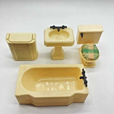 Bañera de baño vintage Renwal casa de muñecas marfil, lavabo, inodoro, cesta Foto 1 de 4
