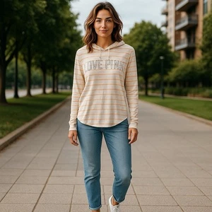 Victoria's Secret Pink Campus Langarmshirt mit Kapuze Farbe weiß mit orangefarbenen Streifen - Bild 1 von 4