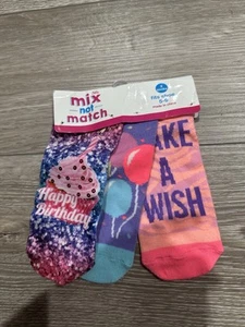 Justice Girls 3 Mix not match socks fits shoes size 5-9 Happy birthday - Picture 1 of 1