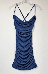Y2k blau Spaghettiträger Bodycon Rüschen Kleid klein Abschlussball Party Ausgehen MobWife - Bild 1 von 9